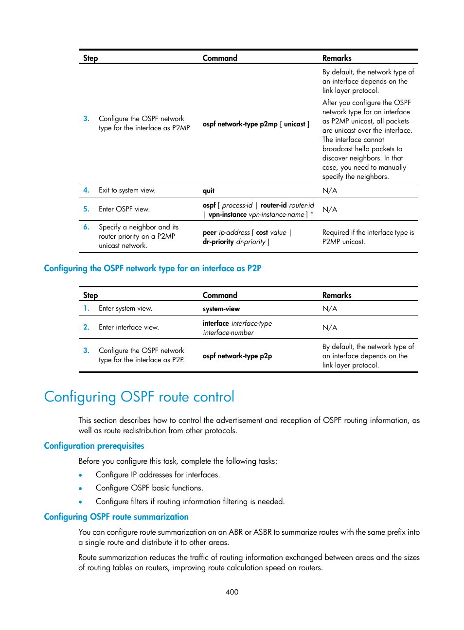 Configuring ospf route control, Configuration prerequisites, Configuring ospf route summarization | H3C Technologies H3C SecPath F1000-E User Manual | Page 425 / 967