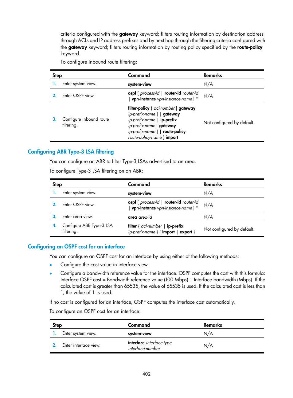 Configuring abr type-3 lsa filtering, Configuring an ospf cost for an interface | H3C Technologies H3C SecPath F1000-E User Manual | Page 427 / 967