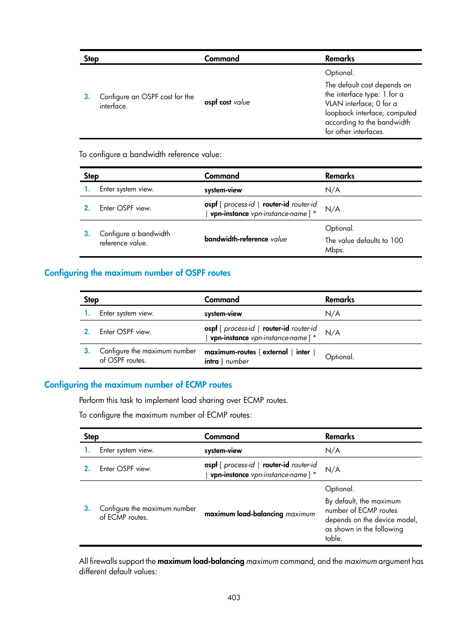 Configuring the maximum number of ospf routes, Configuring the maximum number of ecmp routes | H3C Technologies H3C SecPath F1000-E User Manual | Page 428 / 967