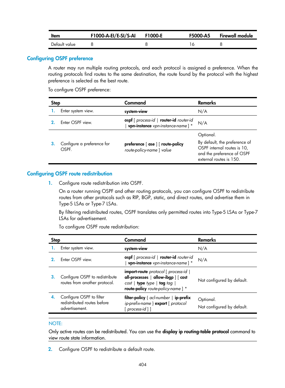 Configuring ospf preference, Configuring ospf route redistribution | H3C Technologies H3C SecPath F1000-E User Manual | Page 429 / 967