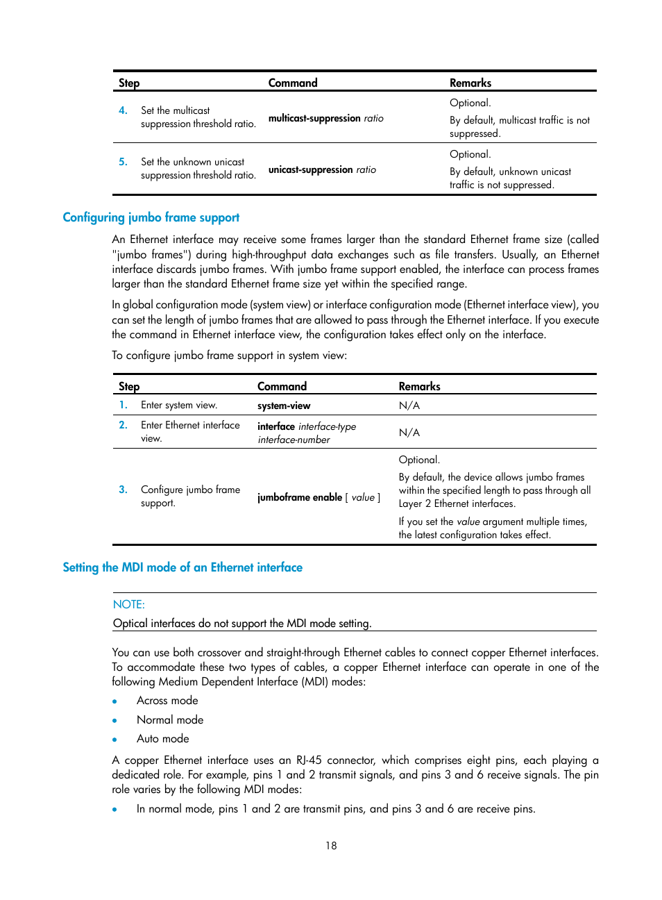 Configuring jumbo frame support, Setting the mdi mode of an ethernet interface | H3C Technologies H3C SecPath F1000-E User Manual | Page 43 / 967