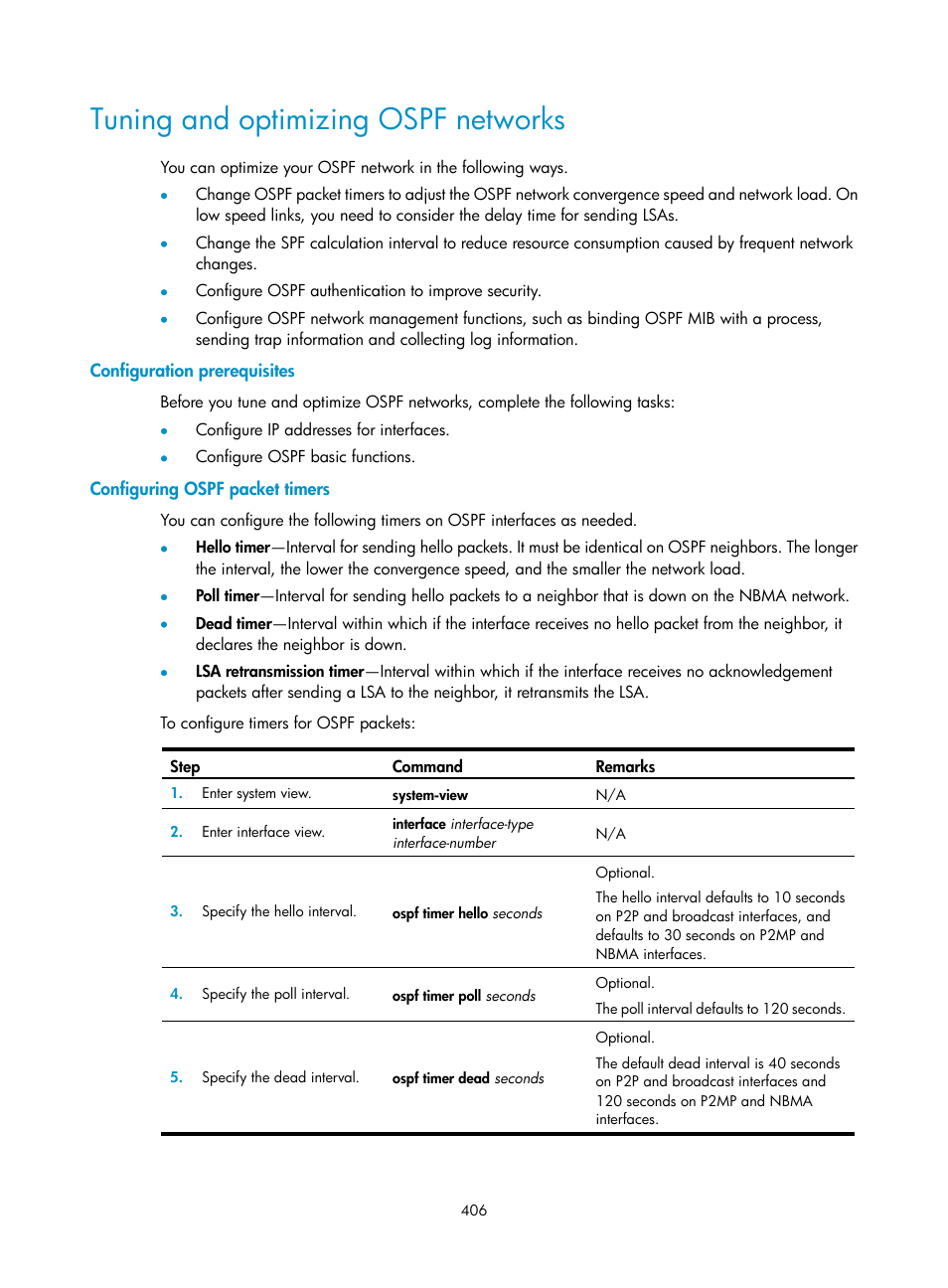 Tuning and optimizing ospf networks, Configuration prerequisites, Configuring ospf packet timers | H3C Technologies H3C SecPath F1000-E User Manual | Page 431 / 967