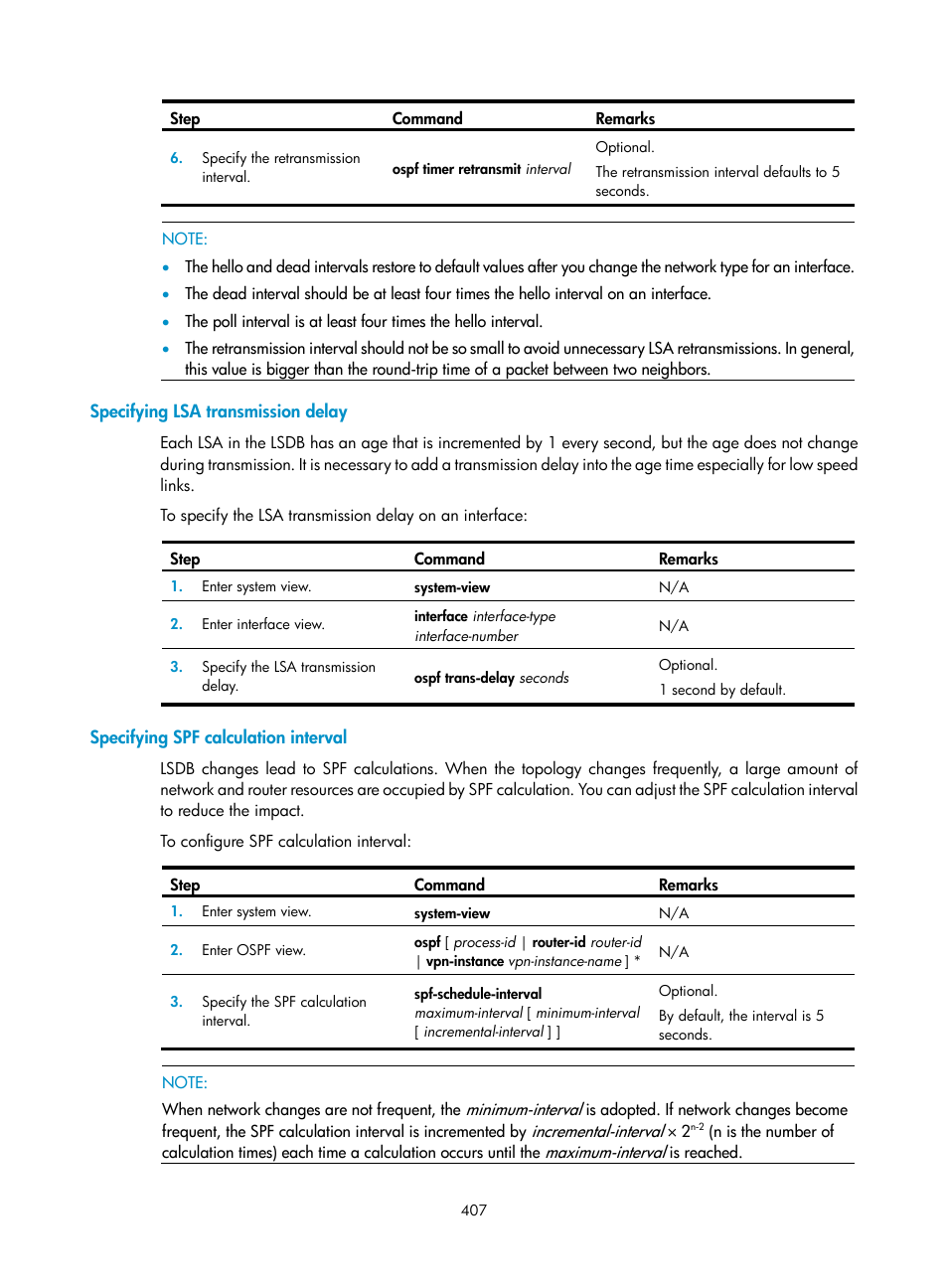 Specifying lsa transmission delay, Specifying spf calculation interval | H3C Technologies H3C SecPath F1000-E User Manual | Page 432 / 967