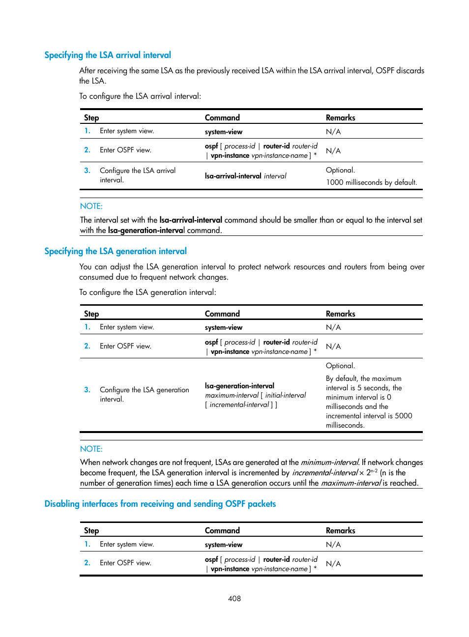 Specifying the lsa arrival interval, Specifying the lsa generation interval | H3C Technologies H3C SecPath F1000-E User Manual | Page 433 / 967