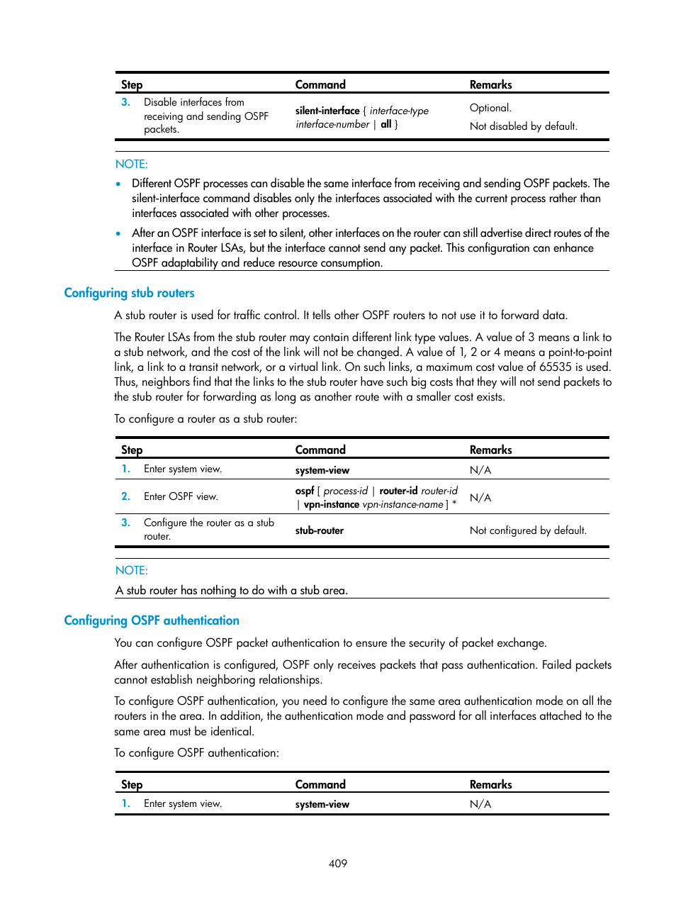 Configuring stub routers, Configuring ospf authentication | H3C Technologies H3C SecPath F1000-E User Manual | Page 434 / 967