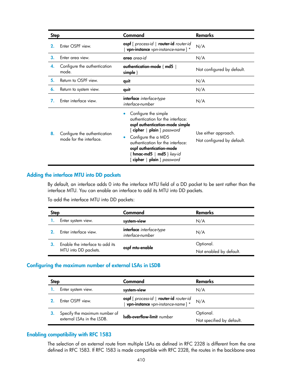 Adding the interface mtu into dd packets, Enabling compatibility with rfc 1583 | H3C Technologies H3C SecPath F1000-E User Manual | Page 435 / 967