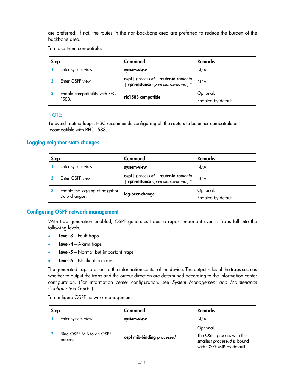 Logging neighbor state changes, Configuring ospf network management | H3C Technologies H3C SecPath F1000-E User Manual | Page 436 / 967