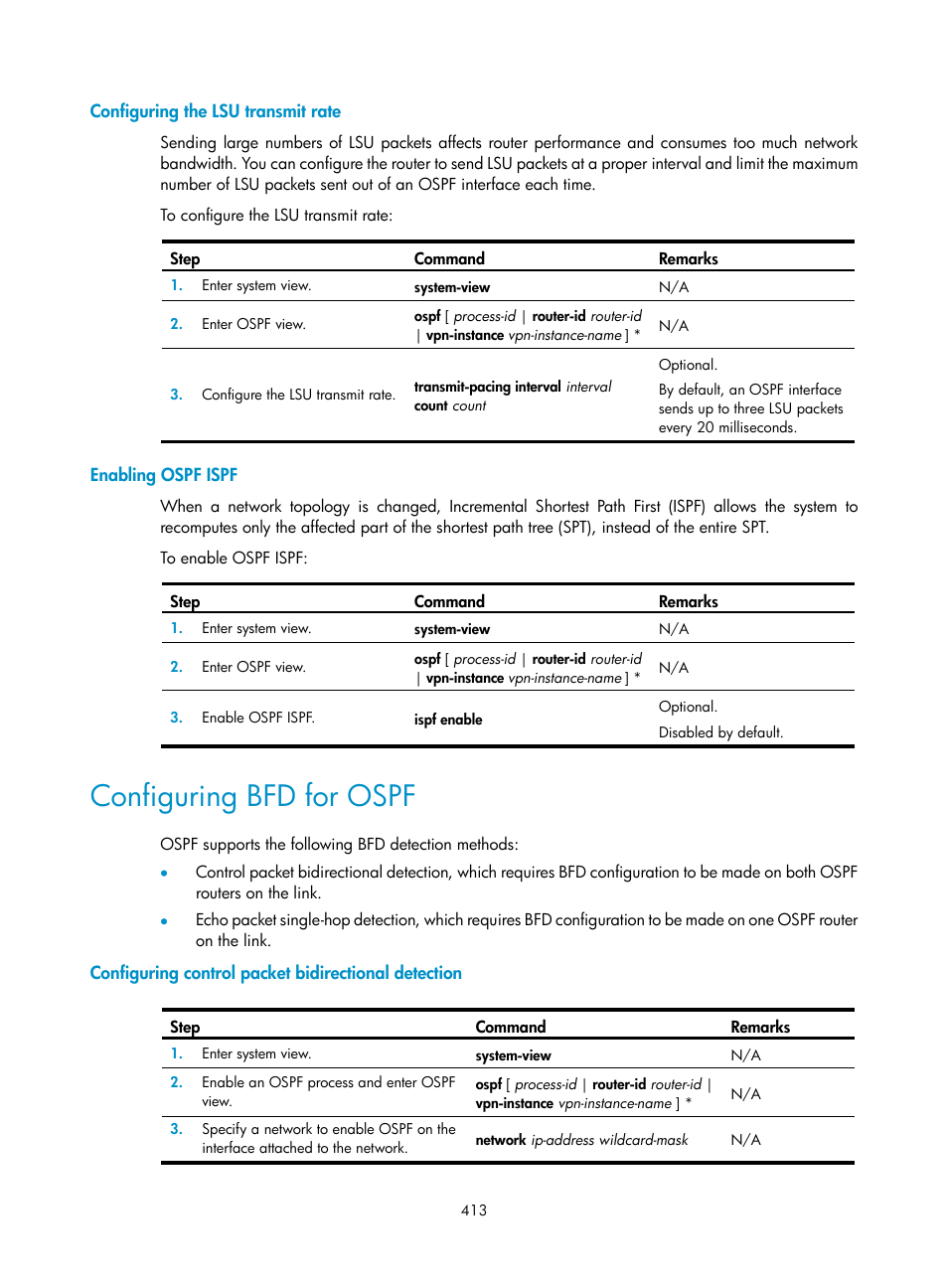 Configuring the lsu transmit rate, Enabling ospf ispf, Configuring bfd for ospf | Configuring control packet bidirectional detection | H3C Technologies H3C SecPath F1000-E User Manual | Page 438 / 967