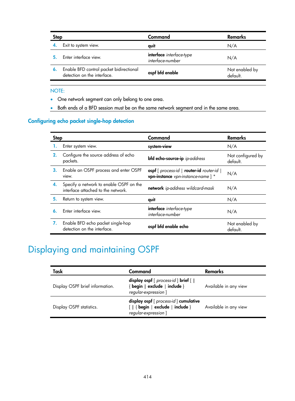 Configuring echo packet single-hop detection, Displaying and maintaining ospf | H3C Technologies H3C SecPath F1000-E User Manual | Page 439 / 967