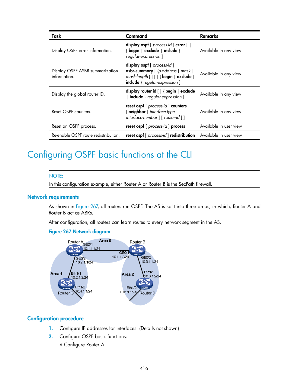 Configuring ospf basic functions at the cli, Network requirements, Configuration procedure | H3C Technologies H3C SecPath F1000-E User Manual | Page 441 / 967