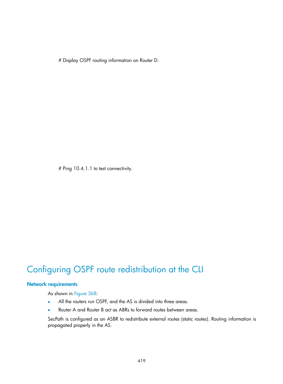 Configuring ospf route redistribution at the cli, Network requirements | H3C Technologies H3C SecPath F1000-E User Manual | Page 444 / 967