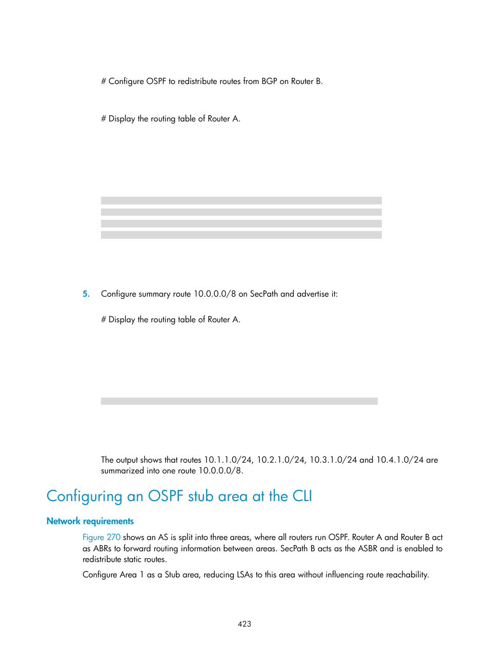 Configuring an ospf stub area at the cli, Network requirements | H3C Technologies H3C SecPath F1000-E User Manual | Page 448 / 967