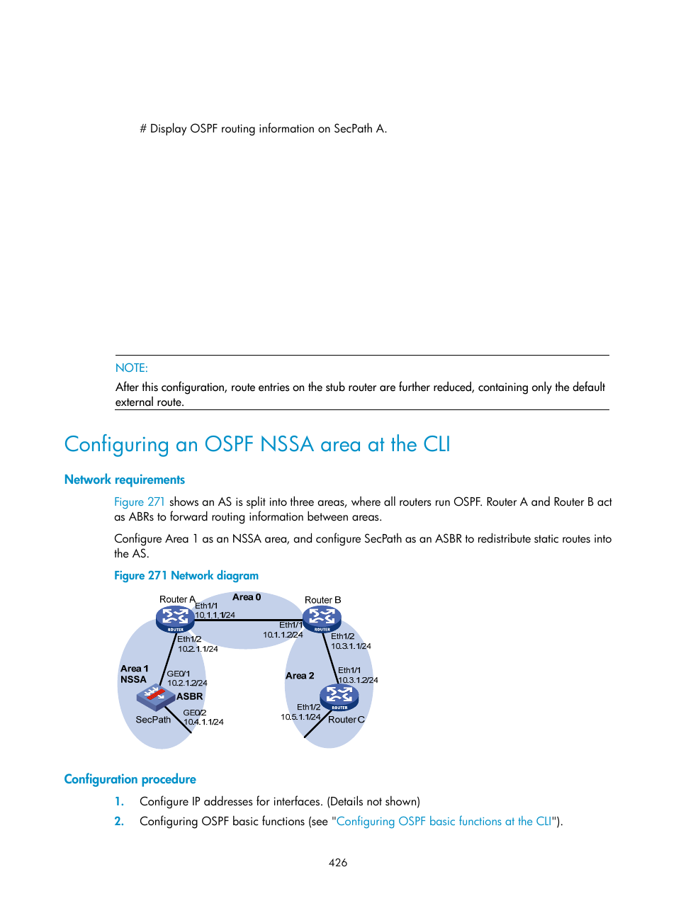 Configuring an ospf nssa area at the cli, Network requirements, Configuration procedure | H3C Technologies H3C SecPath F1000-E User Manual | Page 451 / 967