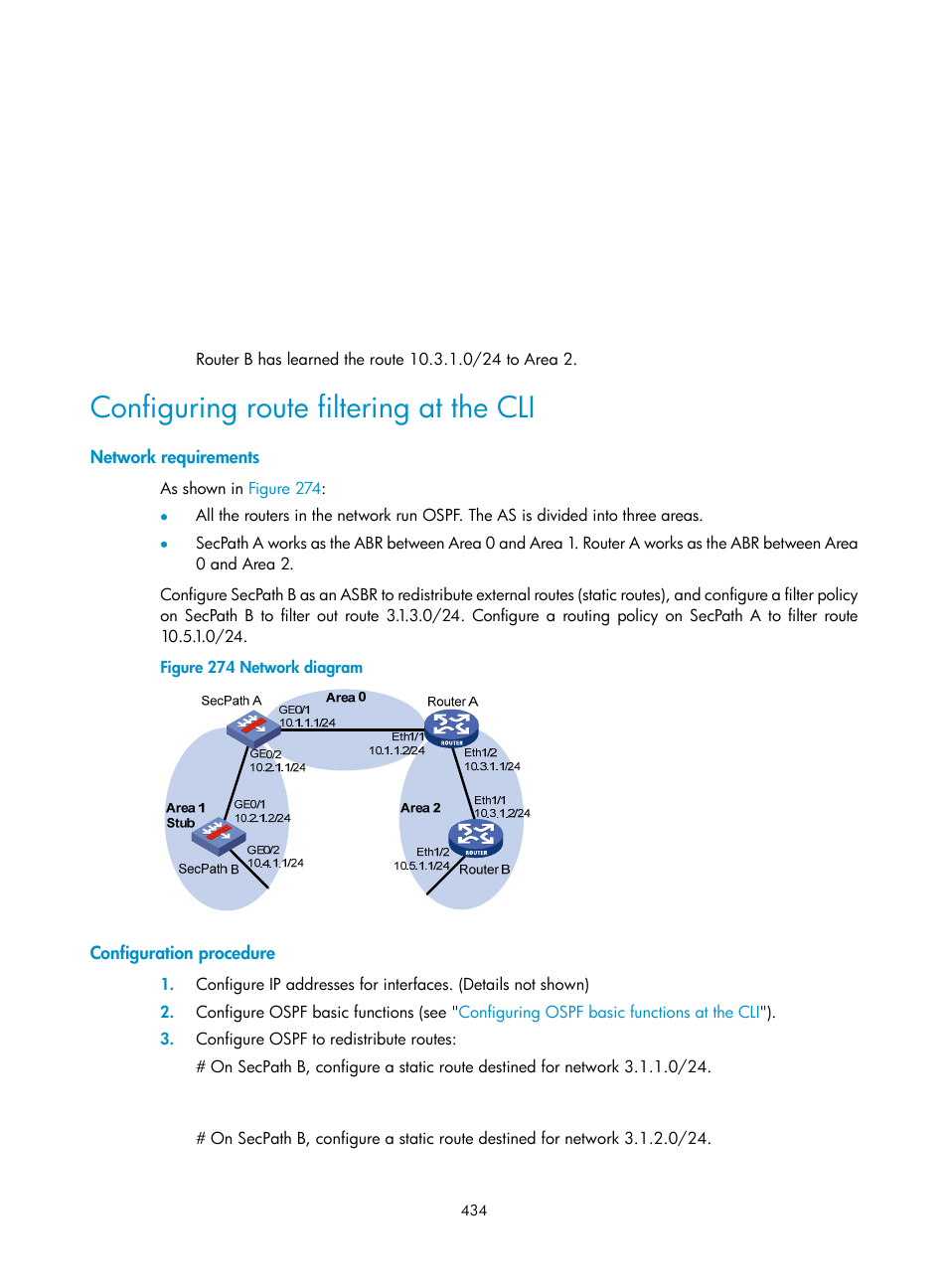 Configuring route filtering at the cli, Network requirements, Configuration procedure | H3C Technologies H3C SecPath F1000-E User Manual | Page 459 / 967