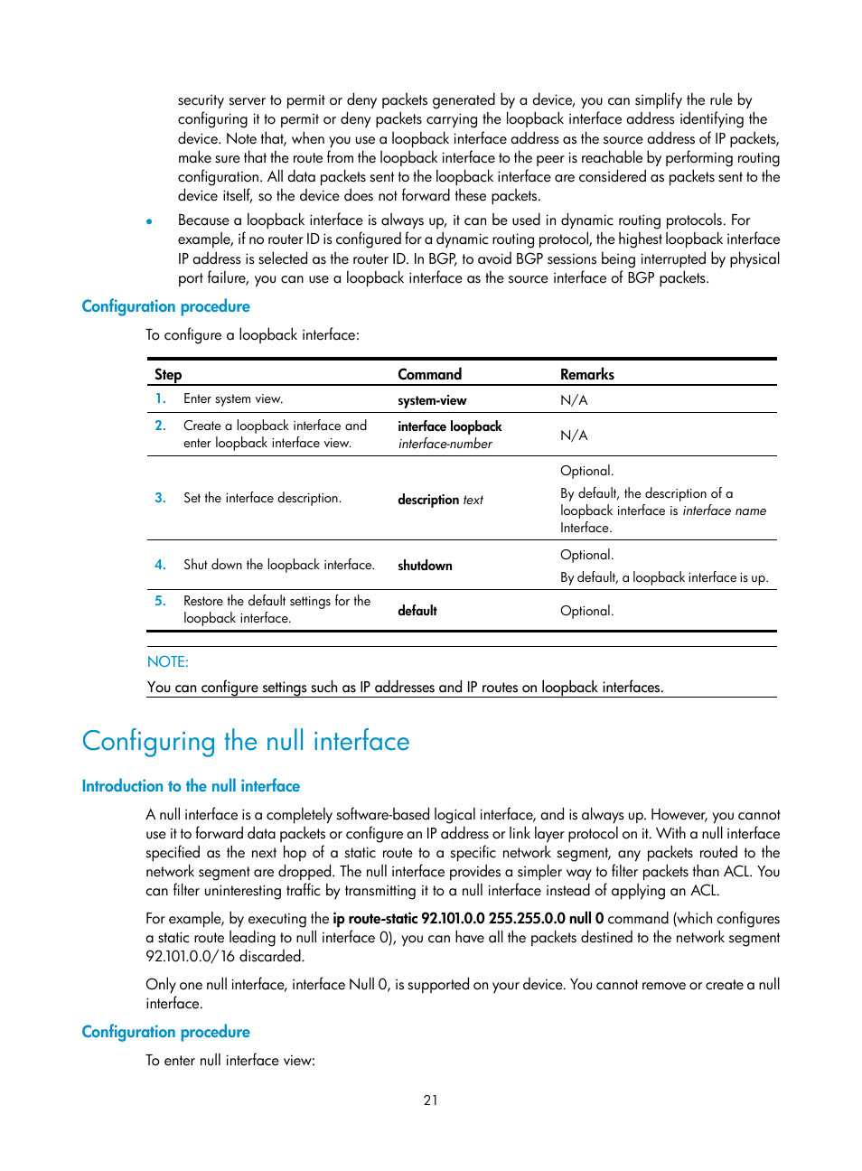 Configuration procedure, Configuring the null interface, Introduction to the null interface | H3C Technologies H3C SecPath F1000-E User Manual | Page 46 / 967