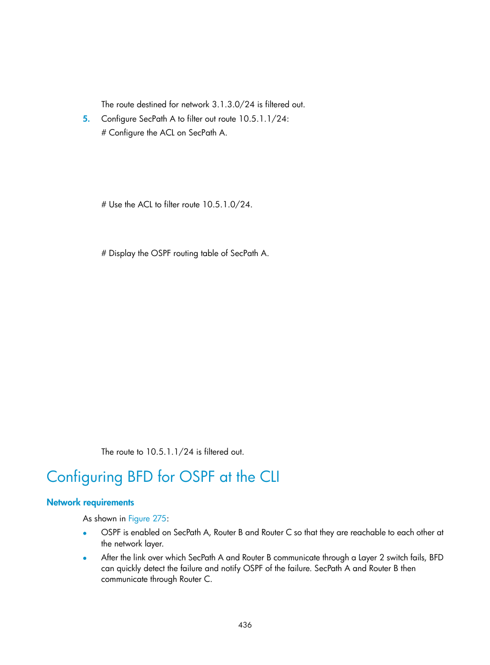 Configuring bfd for ospf at the cli, Network requirements | H3C Technologies H3C SecPath F1000-E User Manual | Page 461 / 967