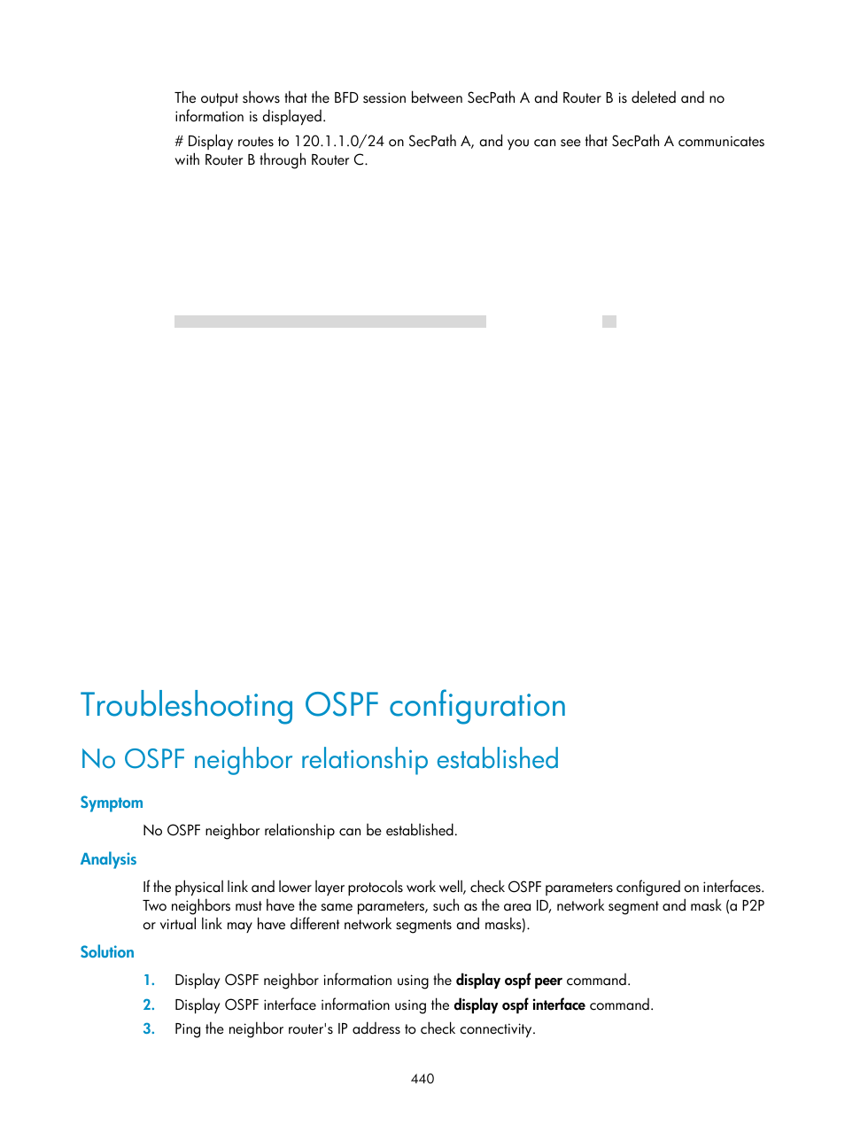 Troubleshooting ospf configuration, No ospf neighbor relationship established, Symptom | Analysis, Solution | H3C Technologies H3C SecPath F1000-E User Manual | Page 465 / 967