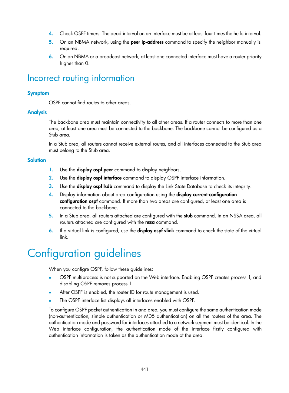 Incorrect routing information, Symptom, Analysis | Solution, Configuration guidelines | H3C Technologies H3C SecPath F1000-E User Manual | Page 466 / 967