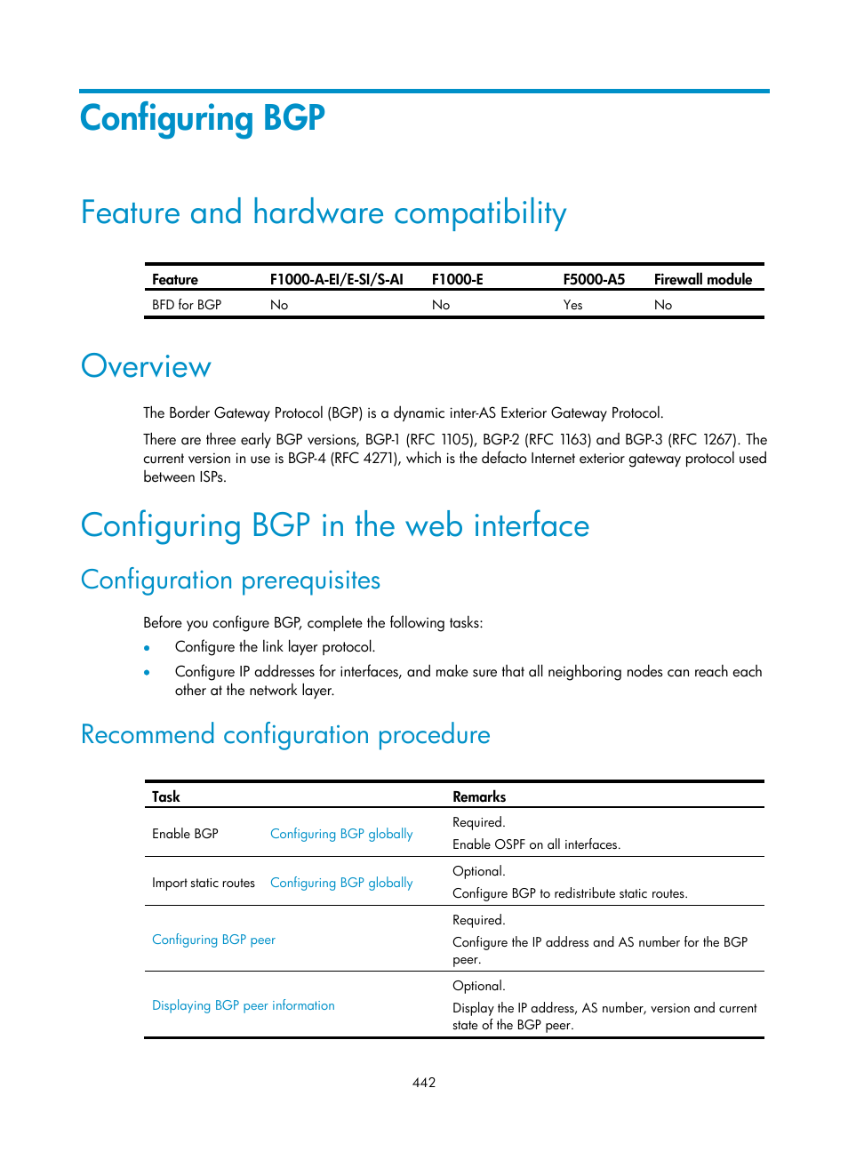 Configuring bgp, Feature and hardware compatibility, Overview | Configuring bgp in the web interface, Configuration prerequisites, Recommend configuration procedure | H3C Technologies H3C SecPath F1000-E User Manual | Page 467 / 967