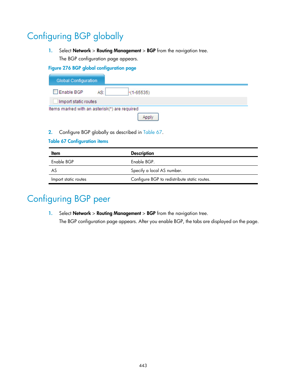 Configuring bgp globally, Configuring bgp peer | H3C Technologies H3C SecPath F1000-E User Manual | Page 468 / 967