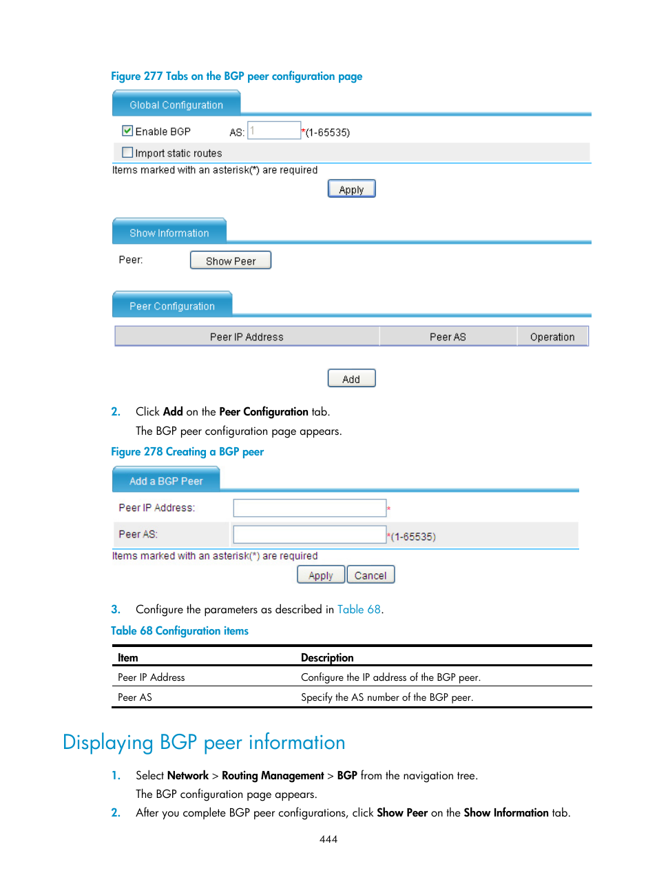 Displaying bgp peer information | H3C Technologies H3C SecPath F1000-E User Manual | Page 469 / 967