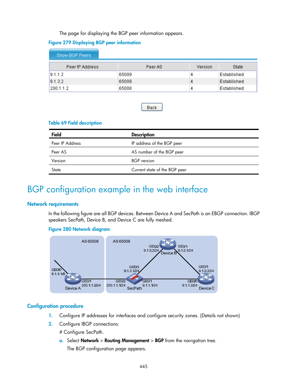 Bgp configuration example in the web interface, Network requirements, Configuration procedure | H3C Technologies H3C SecPath F1000-E User Manual | Page 470 / 967