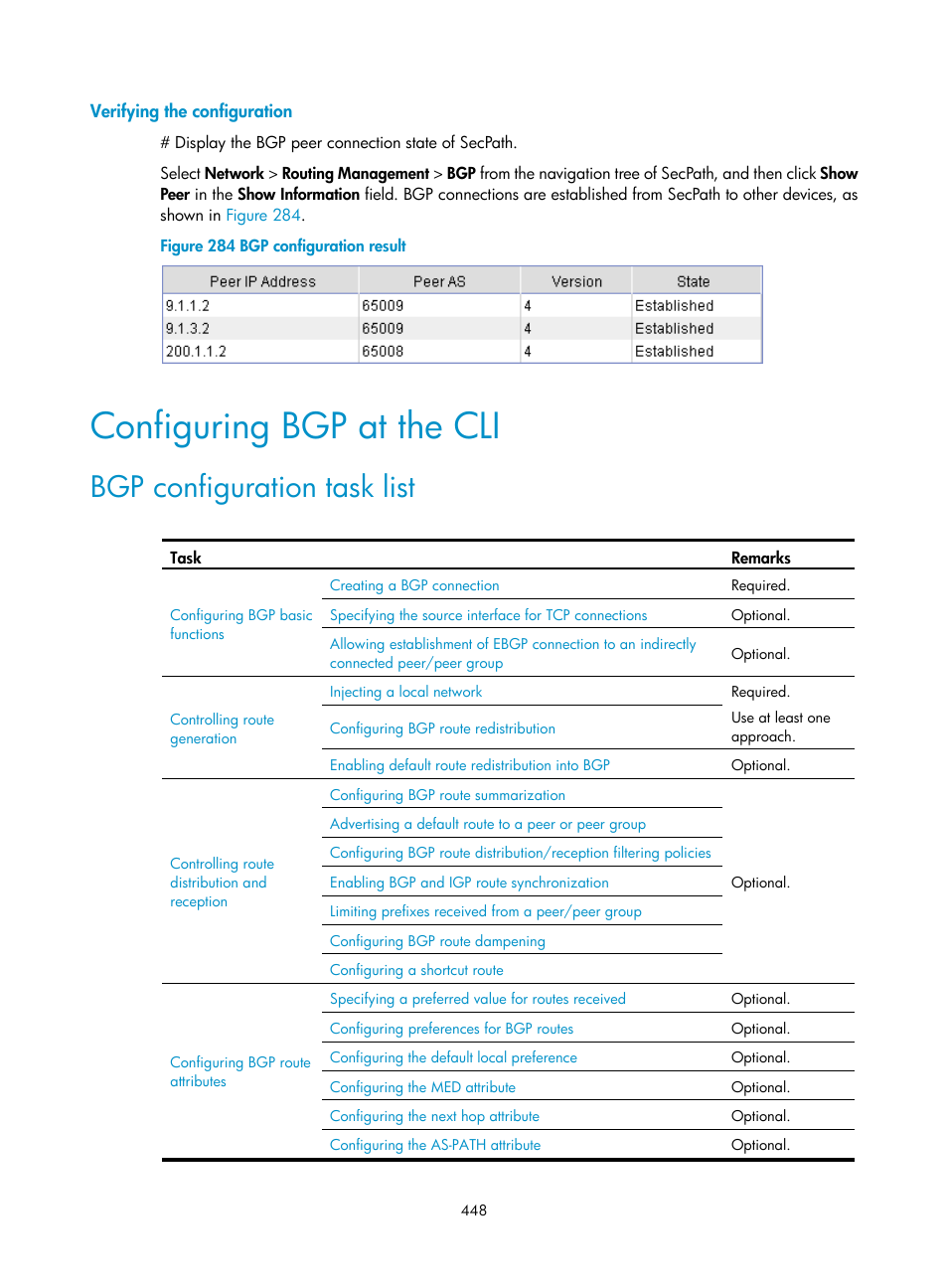 Verifying the configuration, Configuring bgp at the cli, Bgp configuration task list | H3C Technologies H3C SecPath F1000-E User Manual | Page 473 / 967