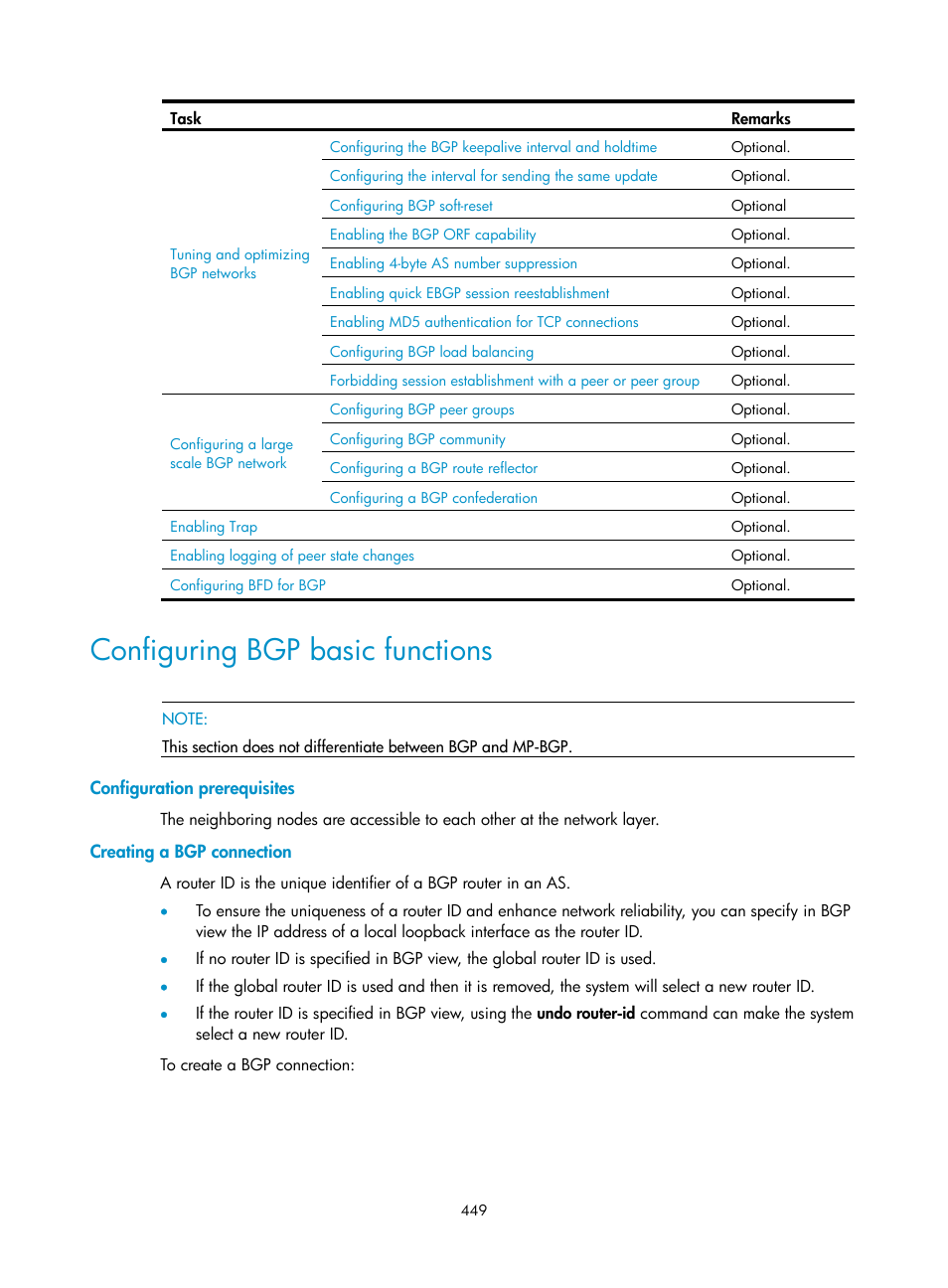 Configuring bgp basic functions, Configuration prerequisites, Creating a bgp connection | H3C Technologies H3C SecPath F1000-E User Manual | Page 474 / 967