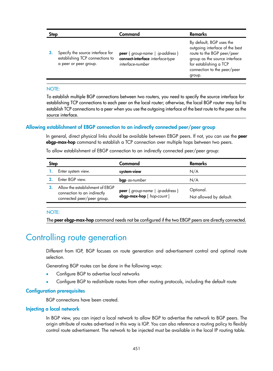 Controlling route generation, Configuration prerequisites, Injecting a local network | H3C Technologies H3C SecPath F1000-E User Manual | Page 476 / 967