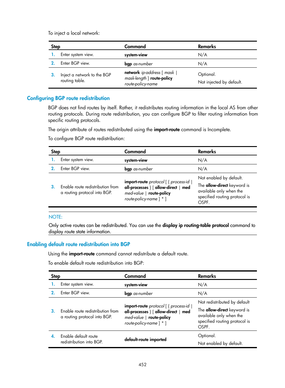 Configuring bgp route redistribution, Enabling default route redistribution into bgp | H3C Technologies H3C SecPath F1000-E User Manual | Page 477 / 967