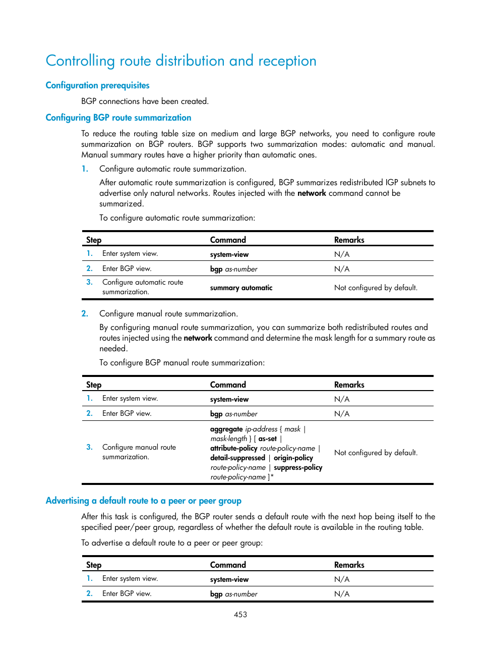 Controlling route distribution and reception, Configuration prerequisites, Configuring bgp route summarization | Controlling route distribution and, Reception | H3C Technologies H3C SecPath F1000-E User Manual | Page 478 / 967