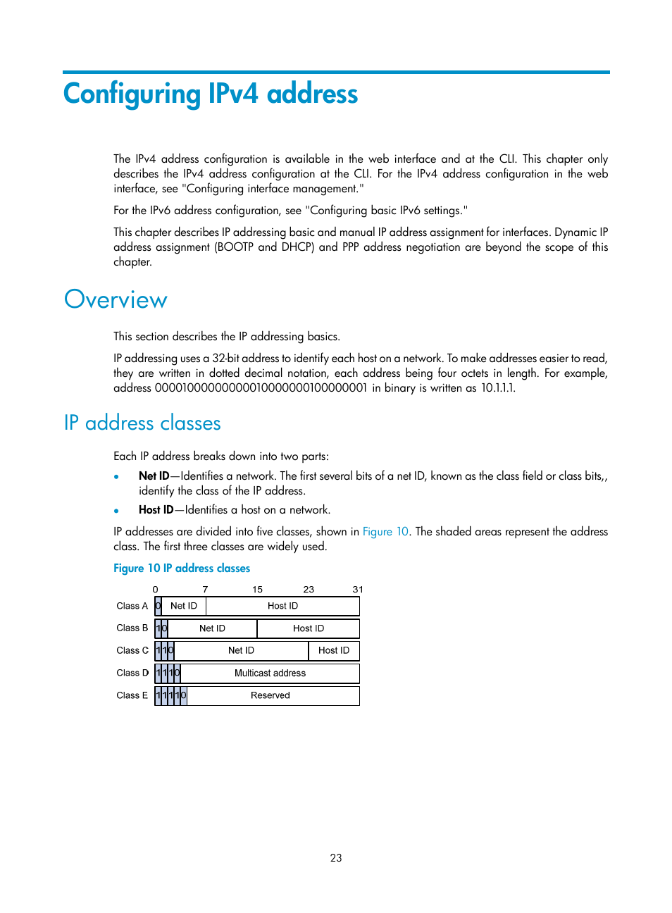 Configuring ipv4 address, Overview, Ip address classes | H3C Technologies H3C SecPath F1000-E User Manual | Page 48 / 967