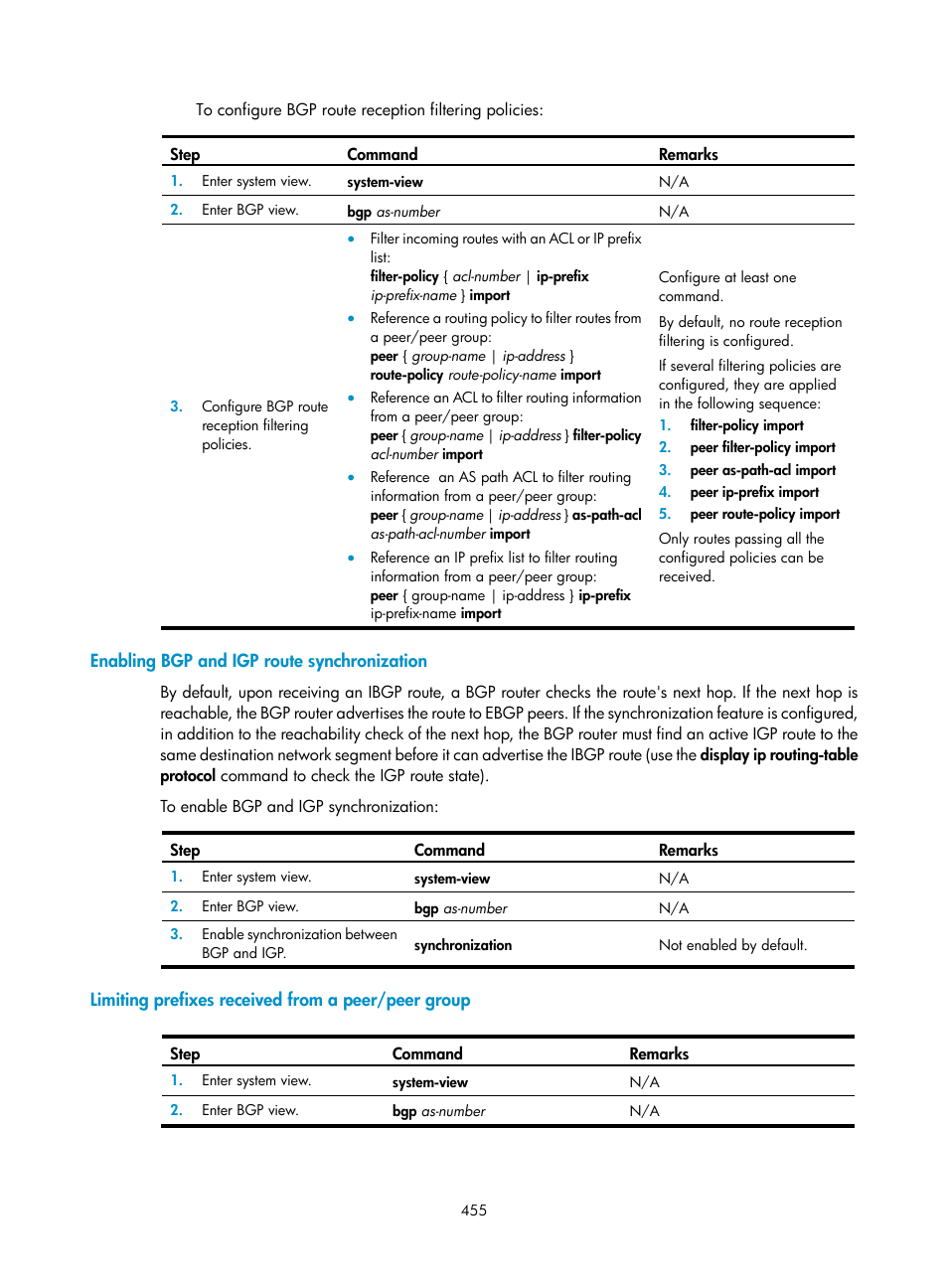 Enabling bgp and igp route synchronization, Limiting prefixes received from a peer/peer group | H3C Technologies H3C SecPath F1000-E User Manual | Page 480 / 967