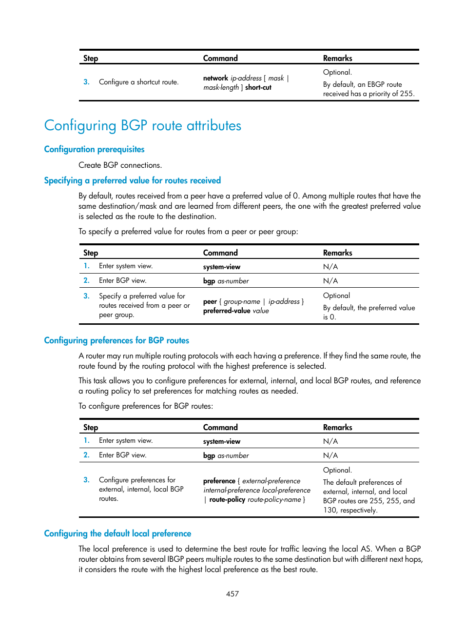 Configuring bgp route attributes, Configuration prerequisites, Specifying a preferred value for routes received | Configuring preferences for bgp routes, Configuring the default local preference | H3C Technologies H3C SecPath F1000-E User Manual | Page 482 / 967