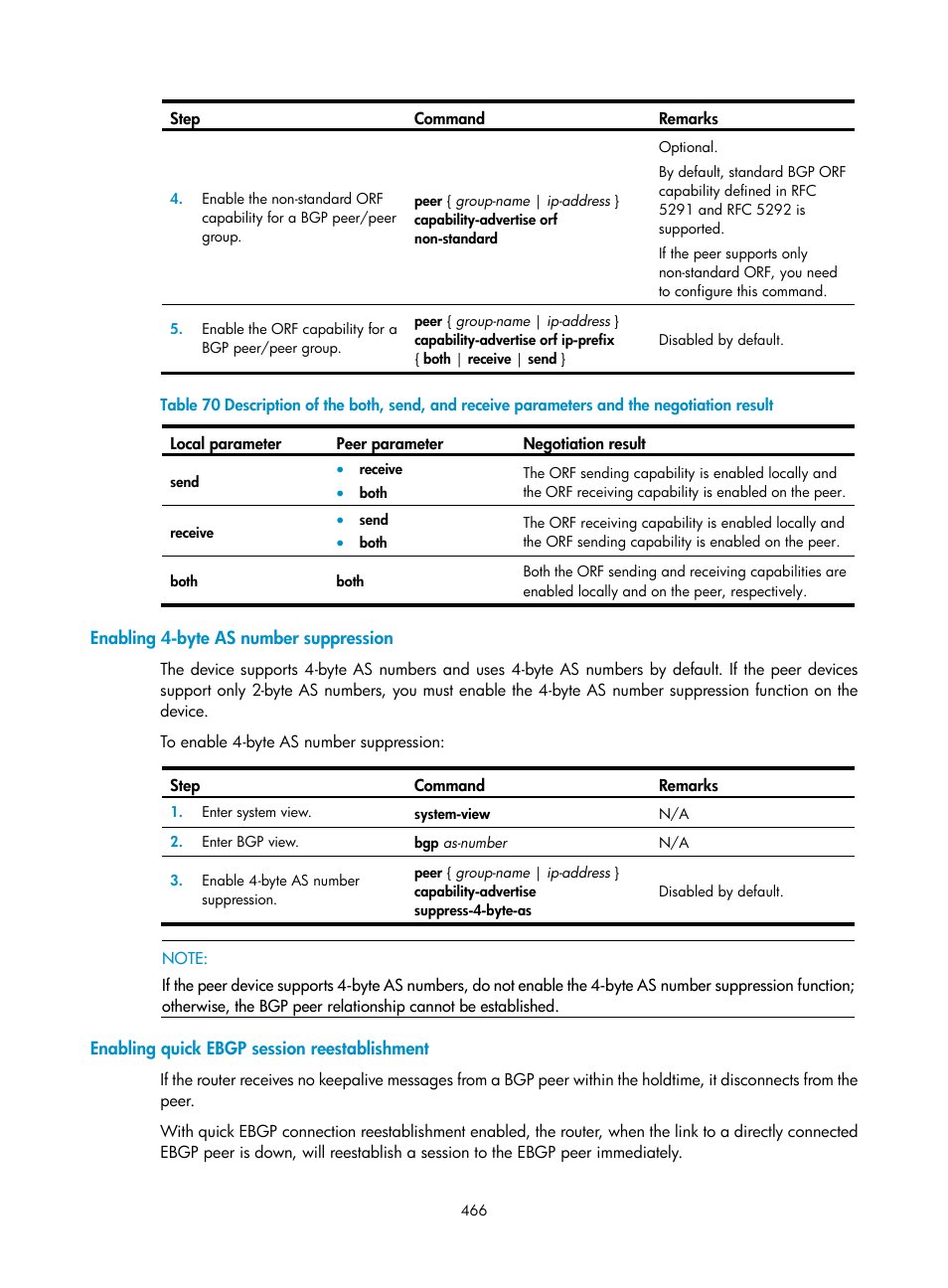 Enabling 4-byte as number suppression, Enabling quick ebgp session reestablishment | H3C Technologies H3C SecPath F1000-E User Manual | Page 491 / 967