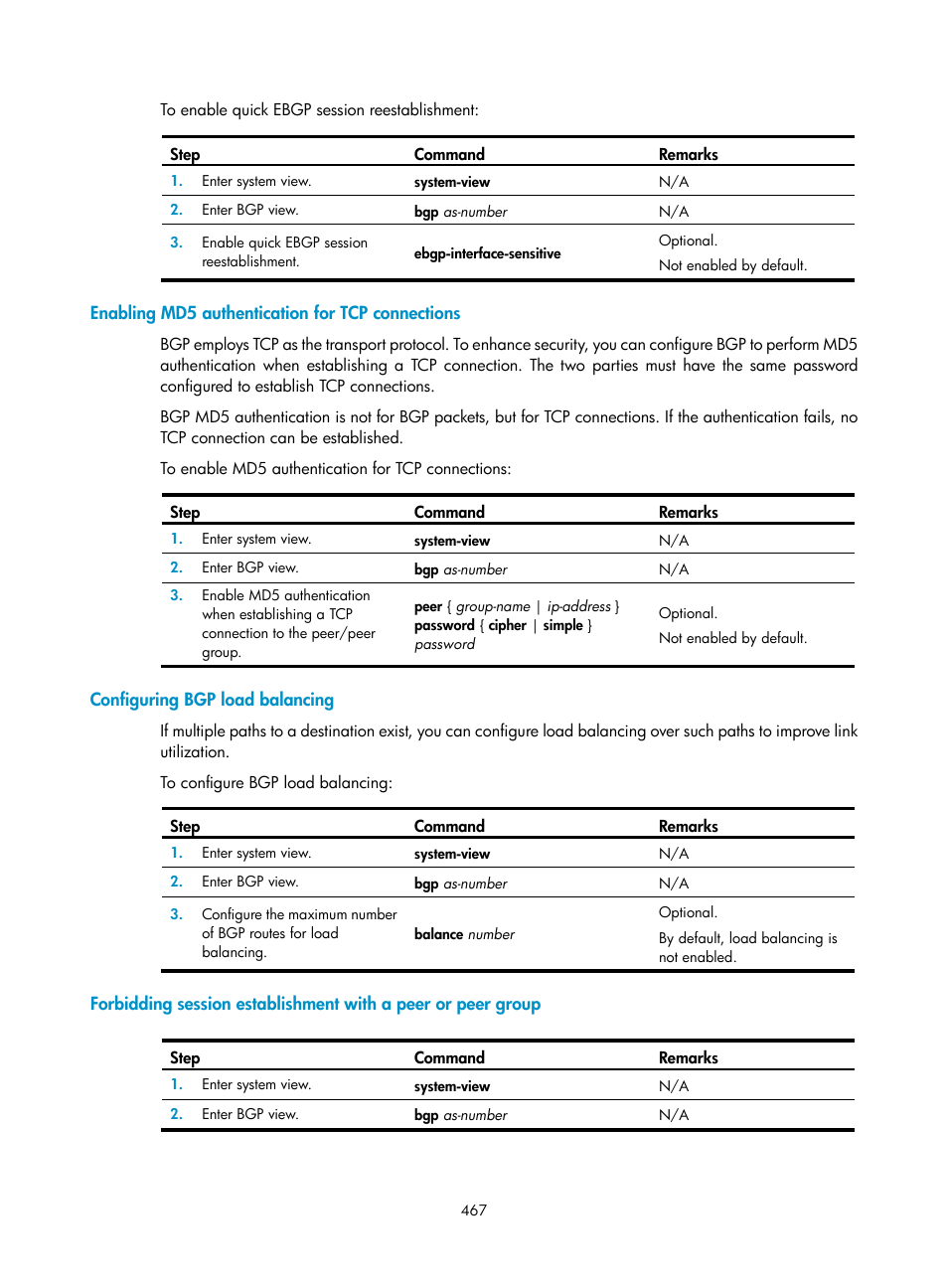 Enabling md5 authentication for tcp connections, Configuring bgp load balancing | H3C Technologies H3C SecPath F1000-E User Manual | Page 492 / 967