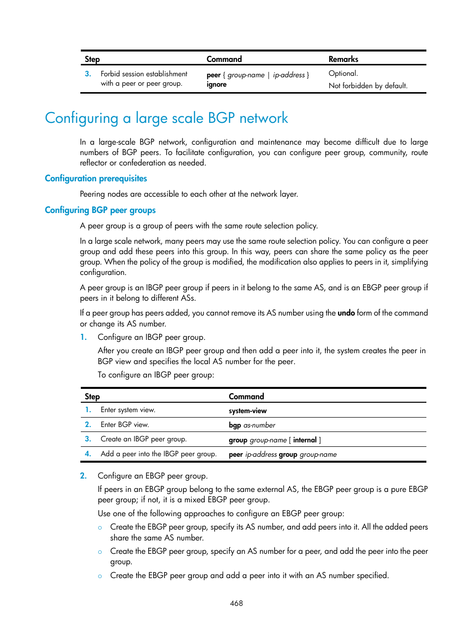 Configuring a large scale bgp network, Configuration prerequisites, Configuring bgp peer groups | H3C Technologies H3C SecPath F1000-E User Manual | Page 493 / 967