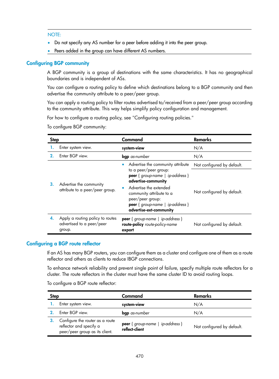 Configuring bgp community, Configuring a bgp route reflector | H3C Technologies H3C SecPath F1000-E User Manual | Page 495 / 967