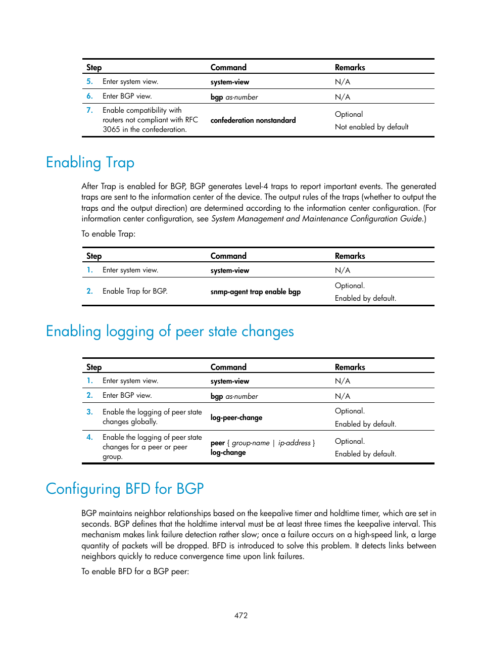 Enabling trap, Enabling logging of peer state changes, Configuring bfd for bgp | H3C Technologies H3C SecPath F1000-E User Manual | Page 497 / 967