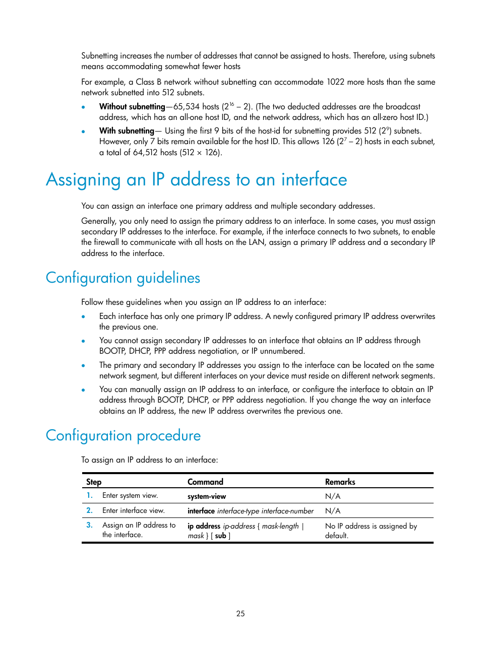 Assigning an ip address to an interface, Configuration guidelines, Configuration procedure | H3C Technologies H3C SecPath F1000-E User Manual | Page 50 / 967