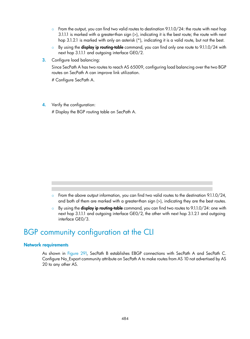 Bgp community configuration at the cli, Network requirements | H3C Technologies H3C SecPath F1000-E User Manual | Page 509 / 967