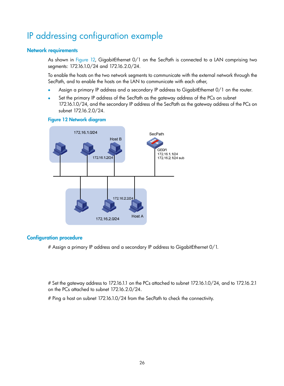 Ip addressing configuration example, Network requirements, Configuration procedure | H3C Technologies H3C SecPath F1000-E User Manual | Page 51 / 967