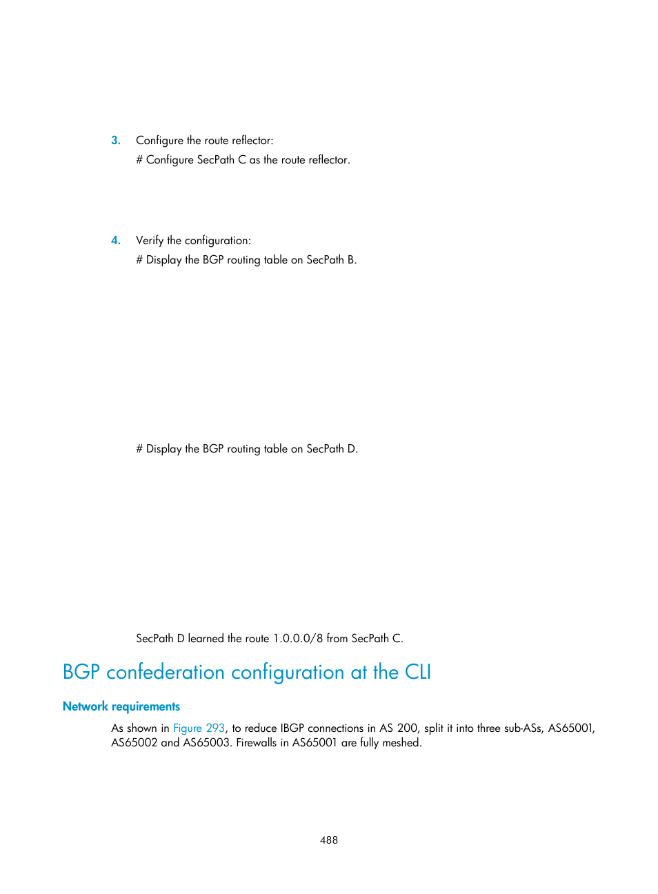 Bgp confederation configuration at the cli, Network requirements | H3C Technologies H3C SecPath F1000-E User Manual | Page 513 / 967