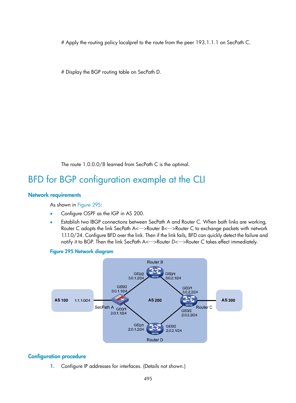 Bfd for bgp configuration example at the cli, Network requirements, Configuration procedure | H3C Technologies H3C SecPath F1000-E User Manual | Page 520 / 967