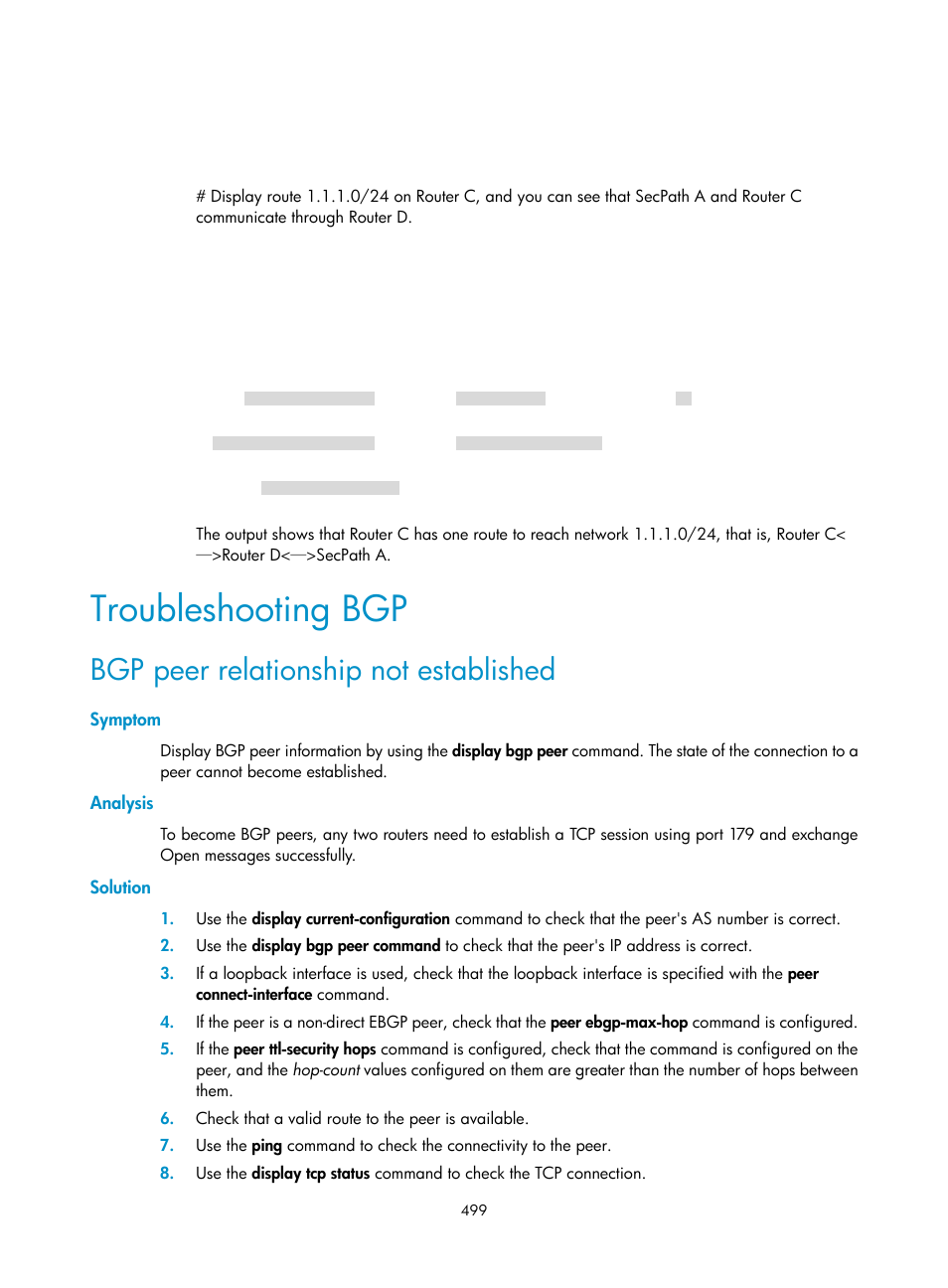 Troubleshooting bgp, Bgp peer relationship not established, Symptom | Analysis, Solution | H3C Technologies H3C SecPath F1000-E User Manual | Page 524 / 967