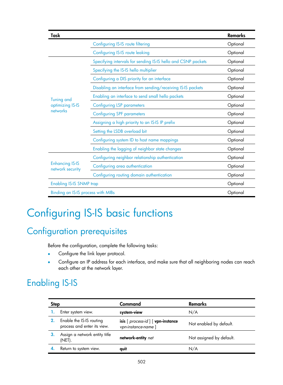 Configuring is-is basic functions, Configuration prerequisites, Enabling is-is | H3C Technologies H3C SecPath F1000-E User Manual | Page 527 / 967