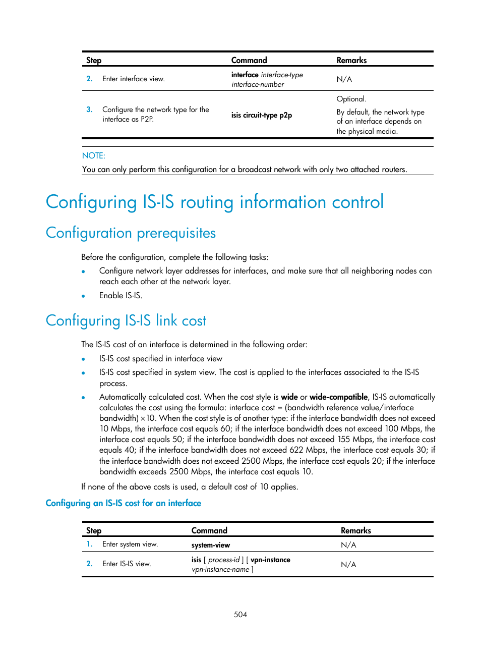 Configuring is-is routing information control, Configuration prerequisites, Configuring is-is link cost | Configuring an is-is cost for an interface, Configuring is-is routing information, Control | H3C Technologies H3C SecPath F1000-E User Manual | Page 529 / 967