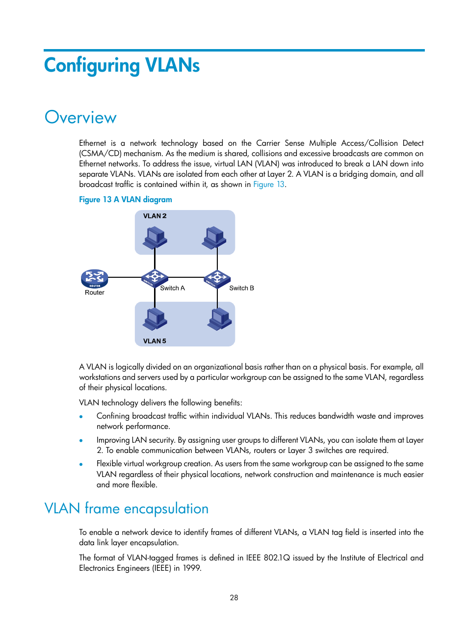 Configuring vlans, Overview, Vlan frame encapsulation | H3C Technologies H3C SecPath F1000-E User Manual | Page 53 / 967