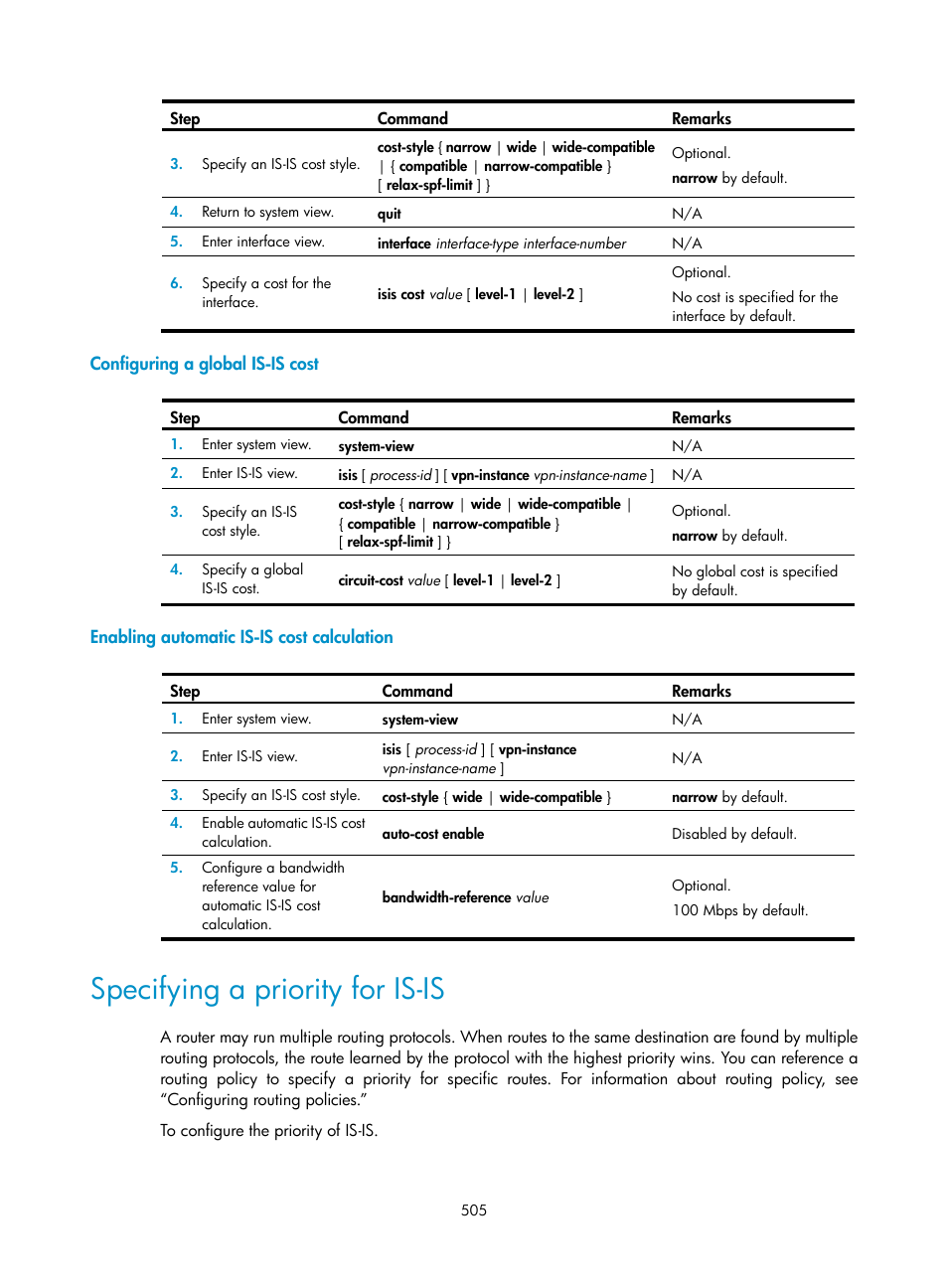 Configuring a global is-is cost, Enabling automatic is-is cost calculation, Specifying a priority for is-is | H3C Technologies H3C SecPath F1000-E User Manual | Page 530 / 967