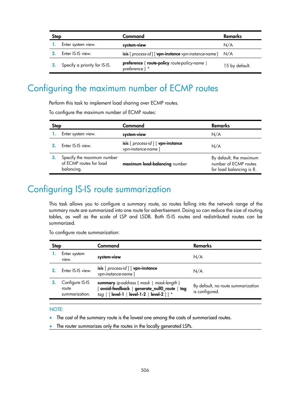 Configuring the maximum number of ecmp routes, Configuring is-is route summarization | H3C Technologies H3C SecPath F1000-E User Manual | Page 531 / 967